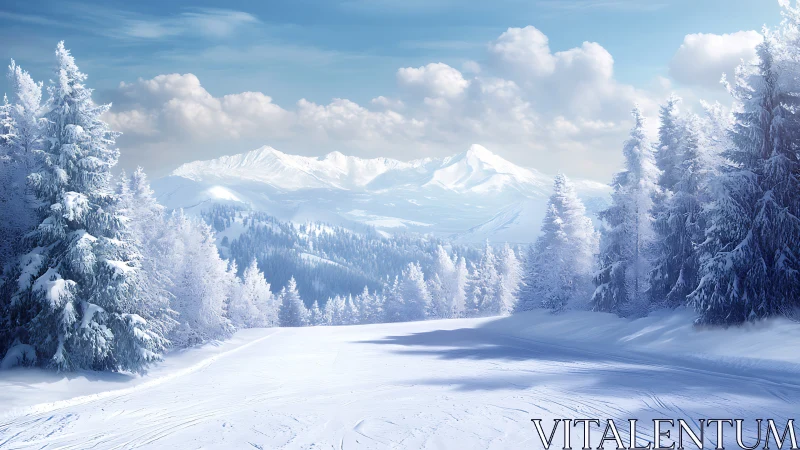 Snow covered mountain valley with conifer forest in winter.