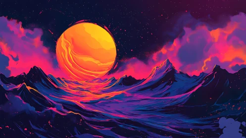 Solar tide rolls through neon mountains at cosmic dusk