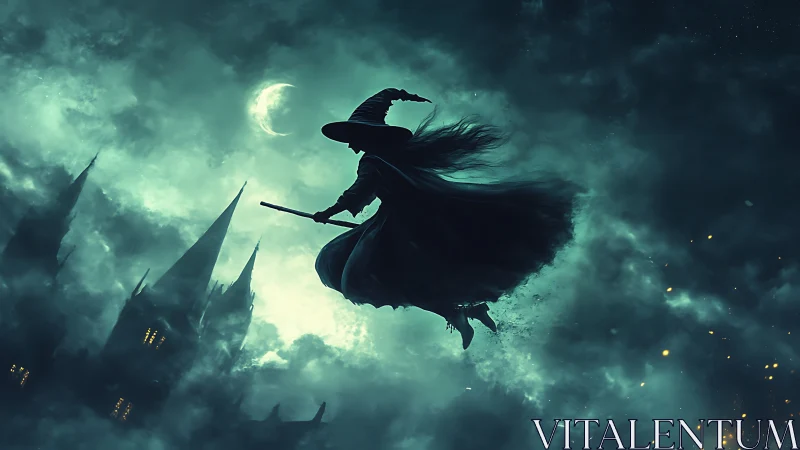 Silhouetted witch flying over gothic towers at night sky.
