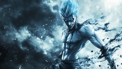 Electric warrior in stormlit chaos, grinning with power.