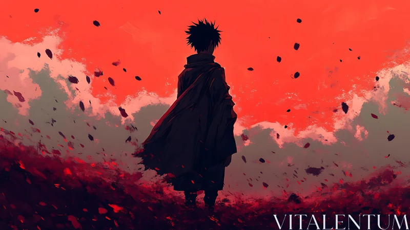 Lone cloaked wanderer in a storm of burning crimson sky.