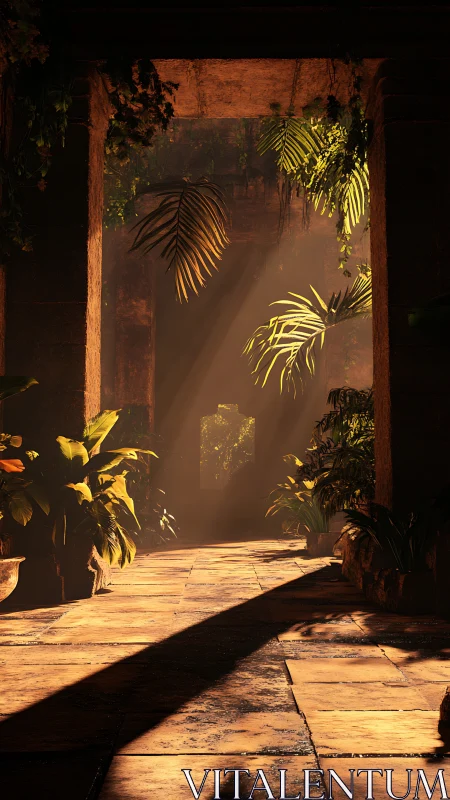 Sunlit jungle corridor cuts through ancient stone arcade