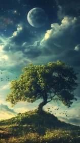 Luminous lone tree beneath celestial moonlit sky composition.