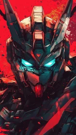 Mecha warrior portrait with neon eyes on red field.