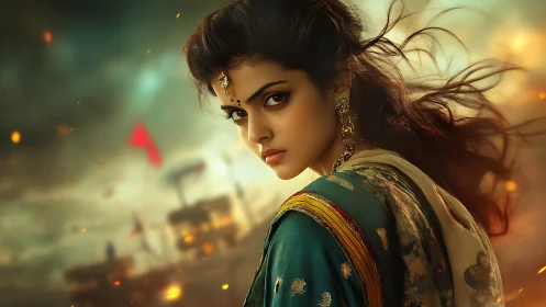 Woman in traditional attire turns toward viewer in sparks