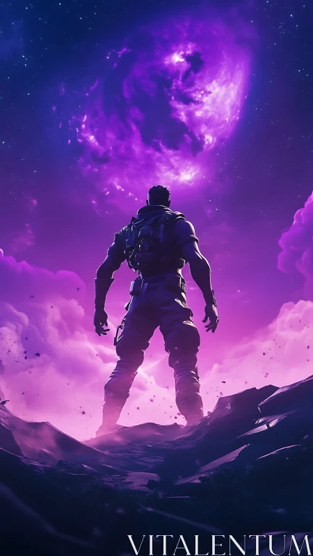 Digital painting of lone astronaut under luminous violet portal.