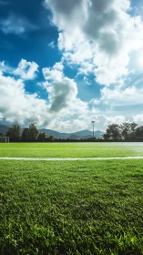 Sunlit soccer field stretches under expansive clouded sky.