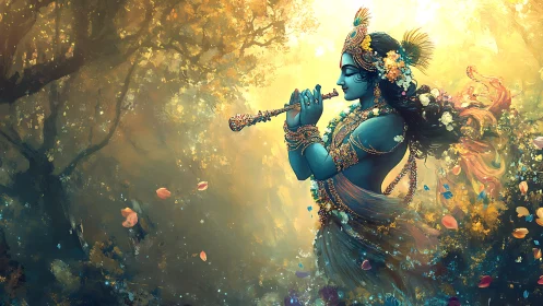 Mythic blue figure playing flute amid luminous forest particles