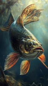 Golden-finned freshwater fish swims through dappled river light