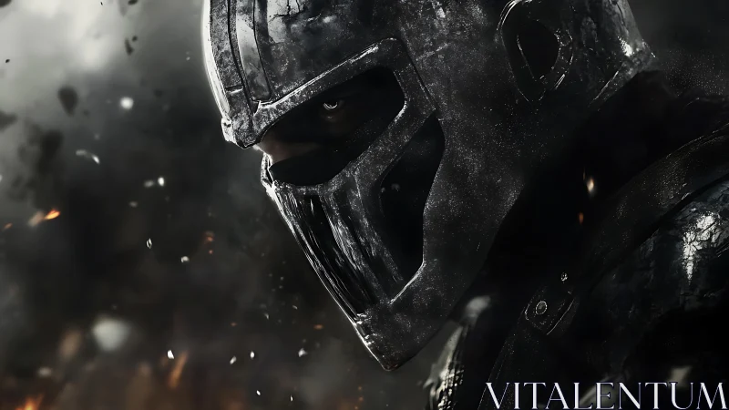 Armored warrior in dark metal helmet amid sparks.