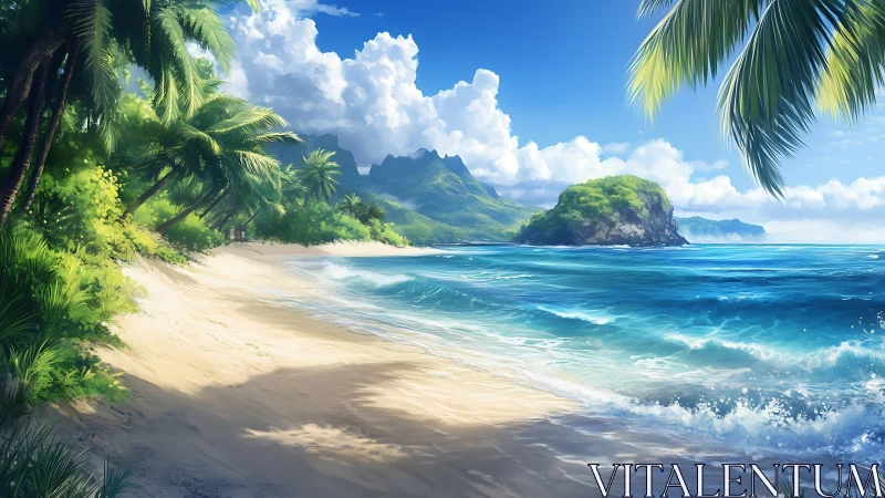 Tropical Coastal Paradise with Vertiginous Palms and Turquoise Waters.