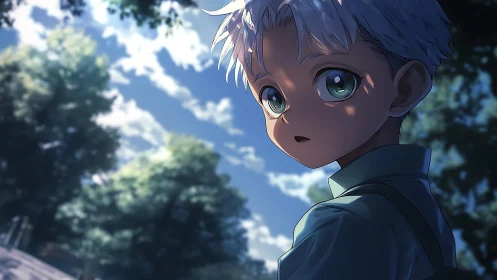 White-haired anime boy stands outdoors under dappled sunlight