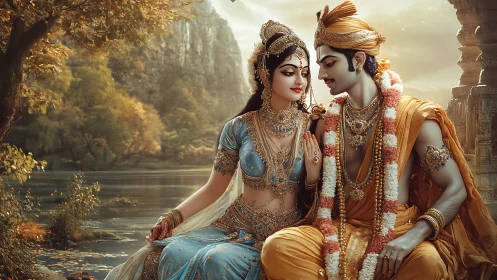 Enchanting royal couple sharing a tender riverside moment.