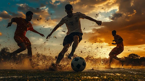 Sunset soccer duel splashing through golden muddy ground.