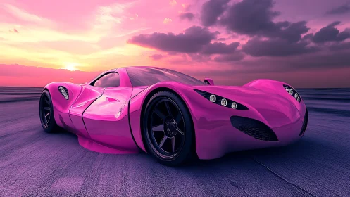 Pink concept supercar under vivid sunset sky scene.