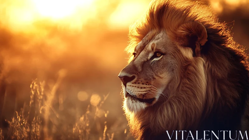 Lion portrait under golden savanna sunset light.