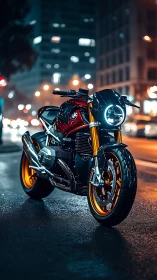 Photorealistic urban motorcycle portrait with neon bokeh focus.