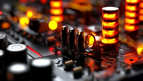 Glowing circuit cityscape celebrates warm electronic energy