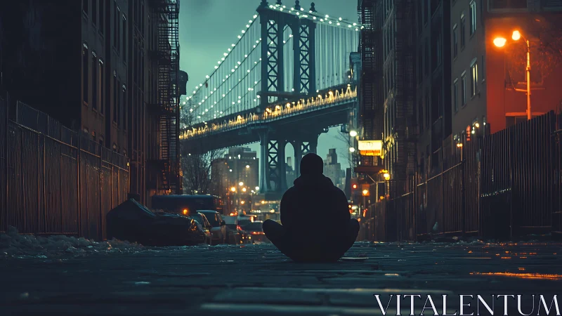 Solitary hooded figure in wet city alley facing illuminated bridge