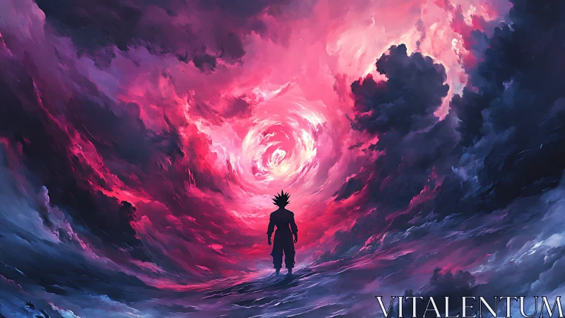 Silhouetted figure under swirling red and blue storm sky.