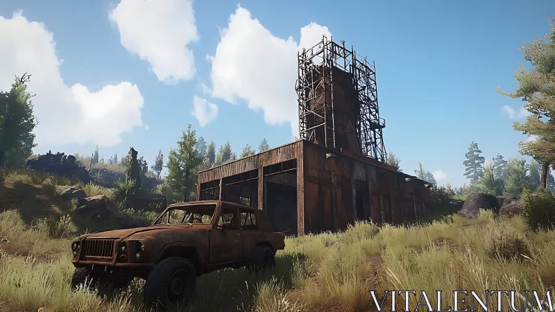 Rusting truck guards an abandoned factory in bright daylight