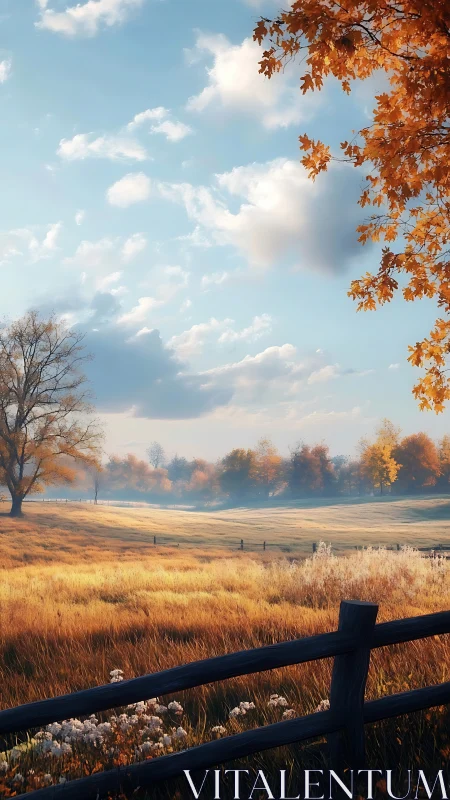 Golden pasture morning under wandering cotton clouds.