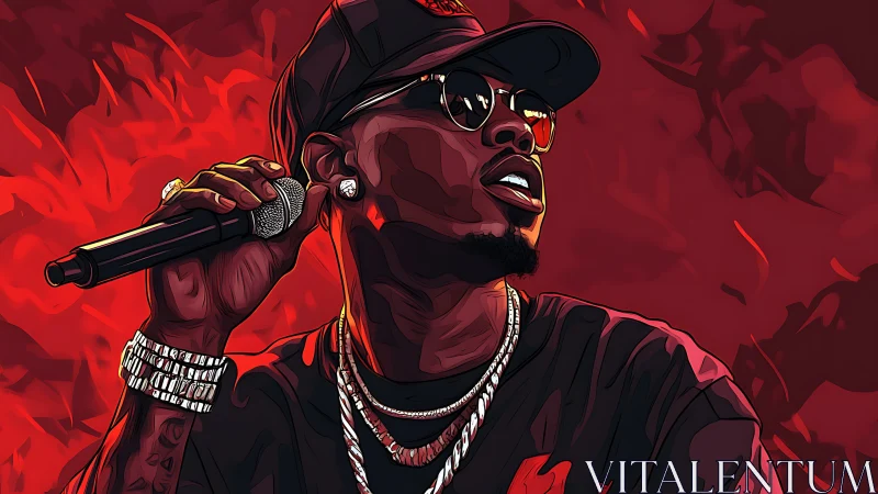 Vector-stylized hip-hop vocalist with mic against red abstract field