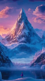 Solitary figure studies a sunlit, snowbound alpine monolith