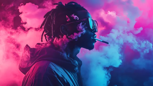 Neon-lit profile of a smoker wrapped in vibrant vapor clouds.