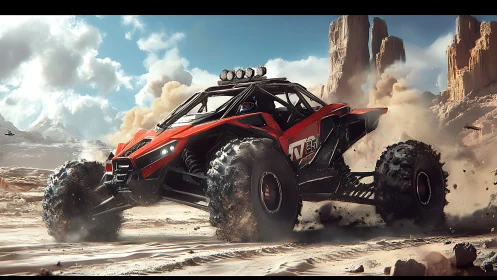 3D off-road rally buggy in dynamic desert drift composition.