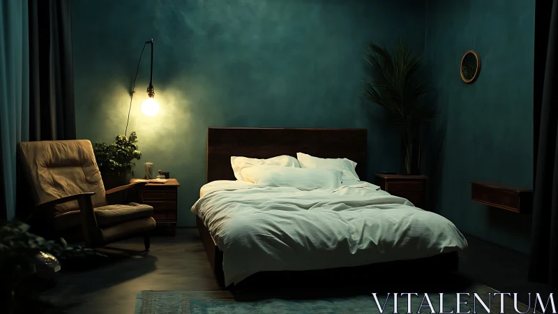 Minimalist bedroom with teal walls and warm accent lighting.