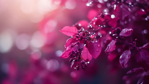 Magenta Flowers Glistening with Raindrops. Soft Focus.