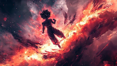 Explosive anime warrior ascends through swirling cosmic fire.