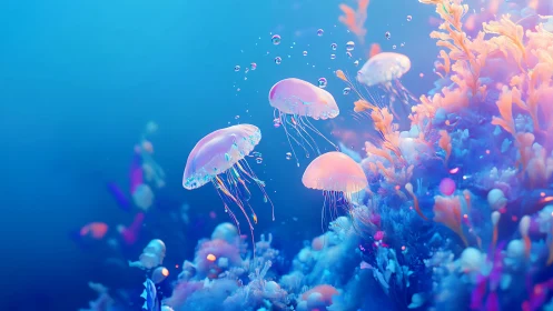 Bioluminescent jellyfish above neon coral reef in blue water