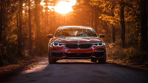 Sunlit red sedan welcomes a calm drive through golden forest roads