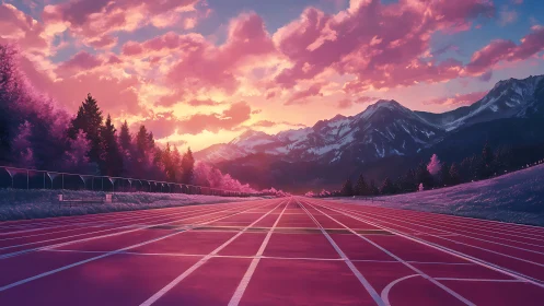 Sunlit mountain track under vivid pink alpine sunset.