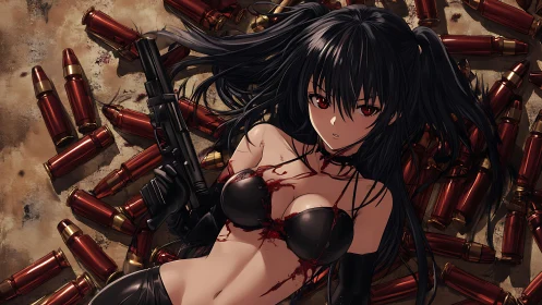 Armed anime woman lying among scattered large cartridges.