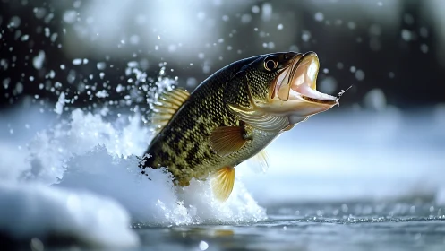 Largemouth bass breaching icy surface in dynamic freeze-frame.