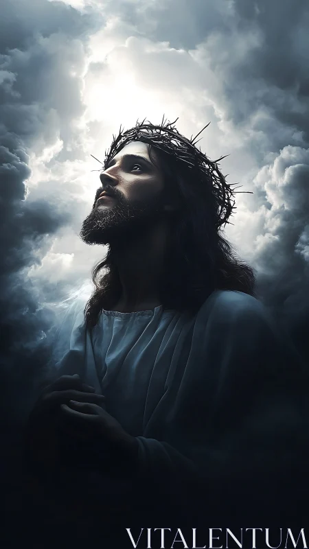 Christ figure crowned with thorns in luminous storm clouds.