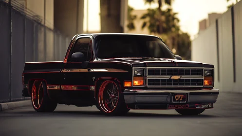 Custom lowered Chevy pickup with red-accent rims at dusk.