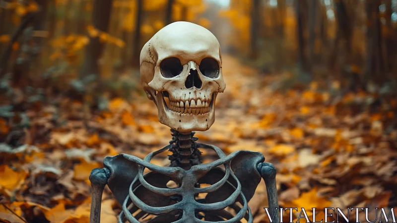 Smiling forest skeleton savors the hush of autumn leaves