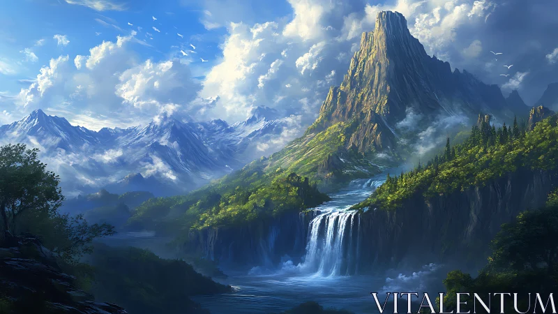 Epic alpine massif with tiered waterfalls and luminous clouds