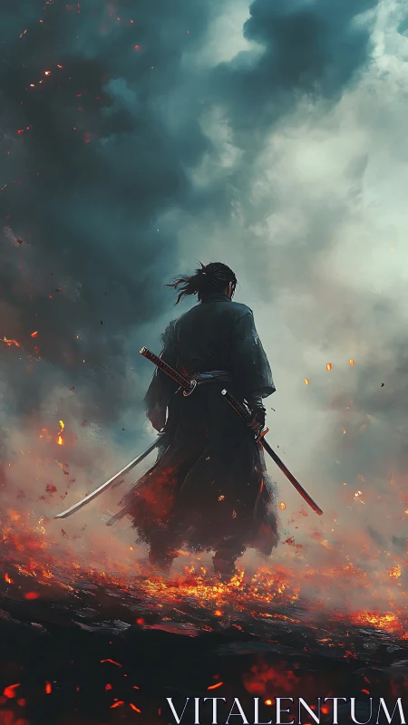Sword-dimmed horizon smolders behind the lone ember samurai