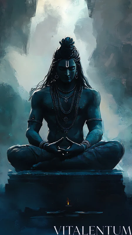 Meditating blue deity in shadowed cave with soft glow.