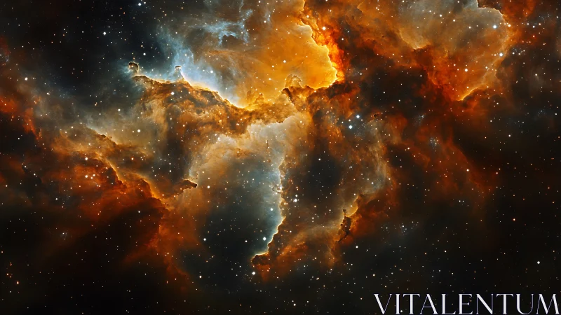 Turbulent orange nebula spans star field with glowing dust
