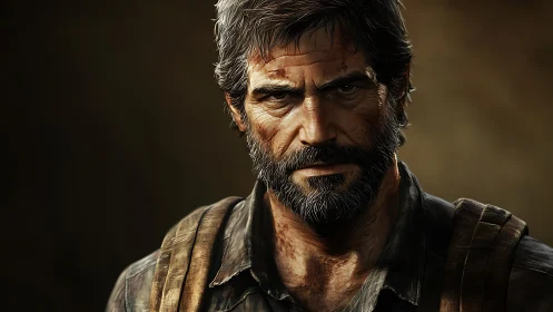 Weathered bearded man stares forward with intense focus