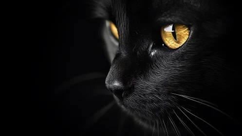 Black cat face with golden eyes against dark background.