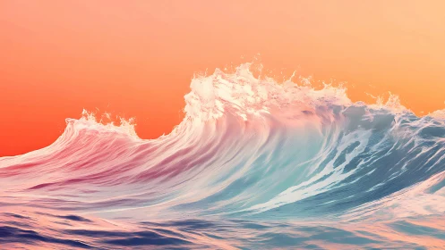 Pastel ocean wave under warm gradient sunset sky.
