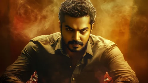 Intense man in brown shirt against smoky golden backdrop.