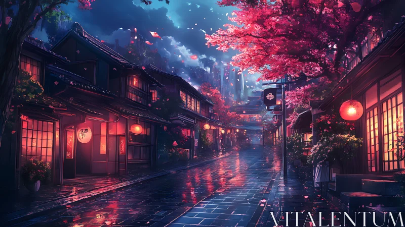 Lanterns whisper warmth along this rain-glazed sakura street